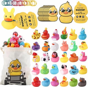 Rubber Ducks Kits 30 Pcs Assorted Duckies with 30 Duck Tags and 40 Rubber Bands with Storage Bag Random Duckies for Car Ducking Decor, Baby Bath & Pool Toys, Party Favors
