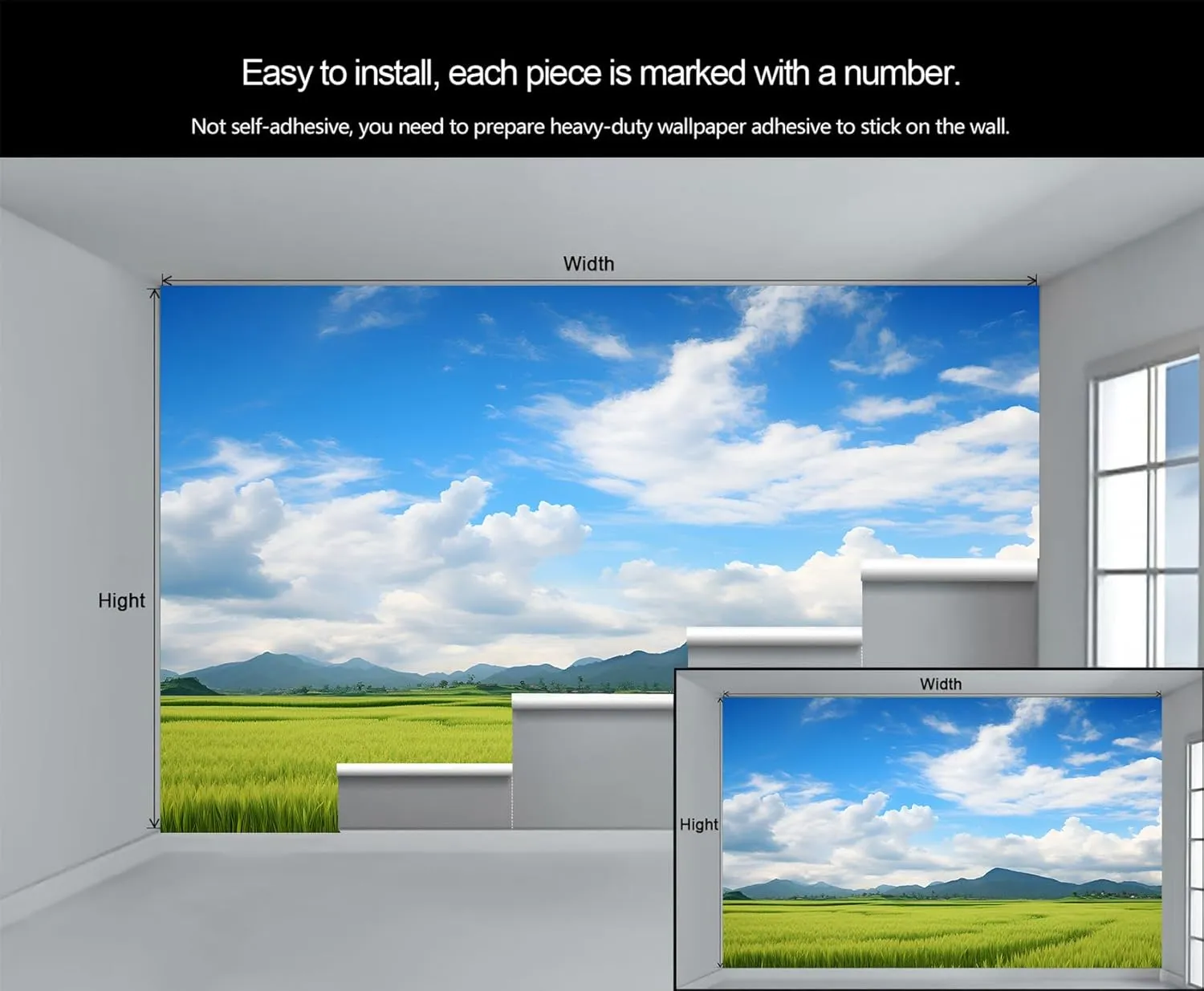 Rural Scenery Large Mural Wallpaper, Prairie Mountain View Personalized Poster, Natural Landscape Custom Photo Mural for TV Background Bedroom Sofa Backdrop (Non-self-Adhesive)