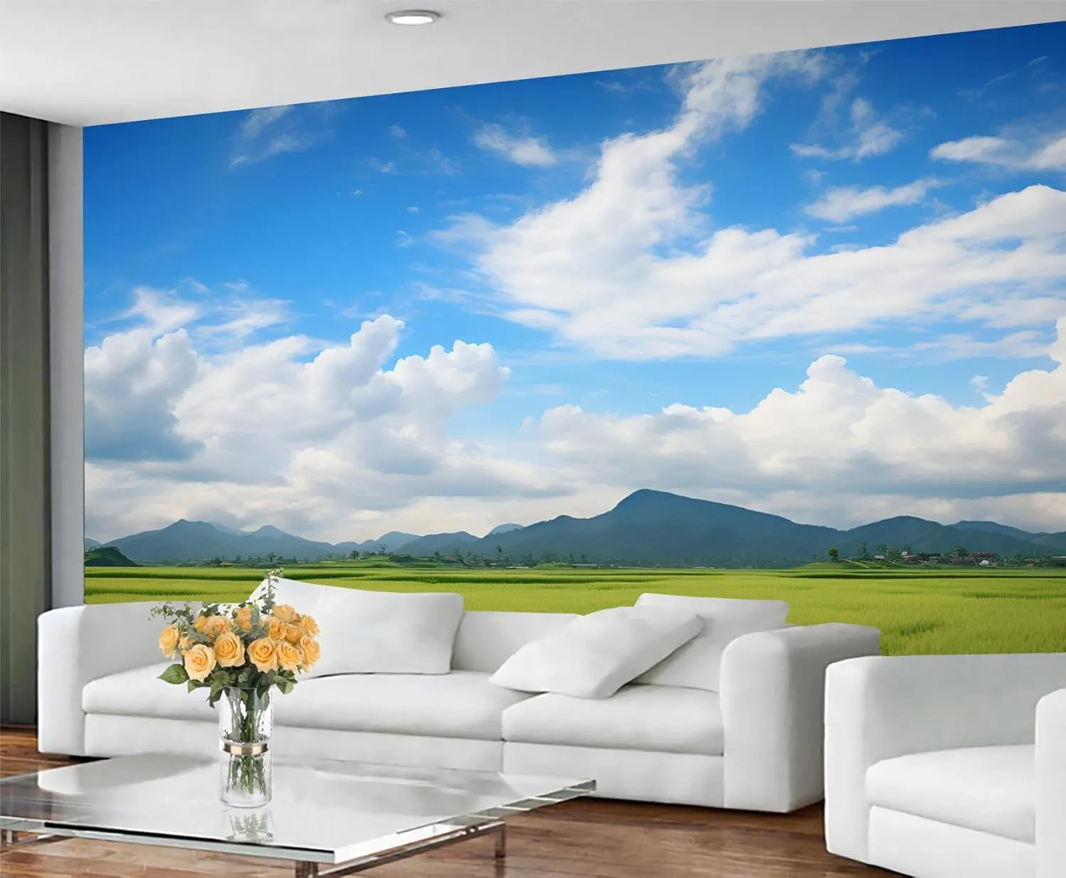 Rural Scenery Large Mural Wallpaper, Prairie Mountain View Personalized Poster, Natural Landscape Custom Photo Mural for TV Background Bedroom Sofa Backdrop (Non-self-Adhesive)