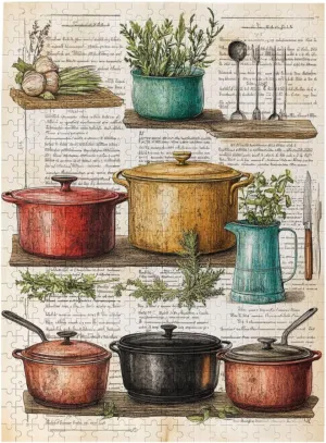 Rustic Kitchen Set with Colored Pots, Fresh Ingredients and Botanical Details，500 Piece Adults Wooden Jigsaw Puzzle，Creative Play & Holiday Party Gifts Artwork Wall Home Decor