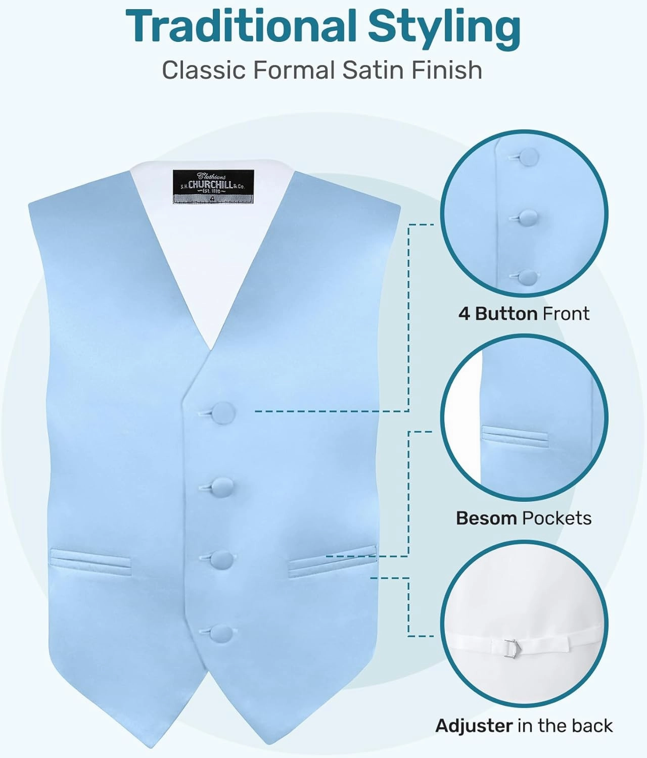 S.H. Churchill & Co. Boy's 4 Piece Vest Set, with Bow Tie, Neck Tie & Pocket Hankie