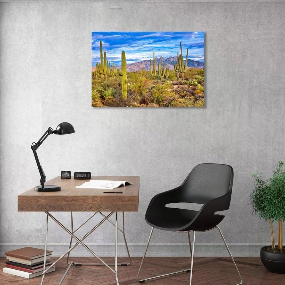 Saguaro and Four Peaks Canvas Wall Art Picture - Cactus Wall Art for Living Room Bedroom Bathroom Home Decorations Framed Artwork Ready to Hang(12''H x 18''W)