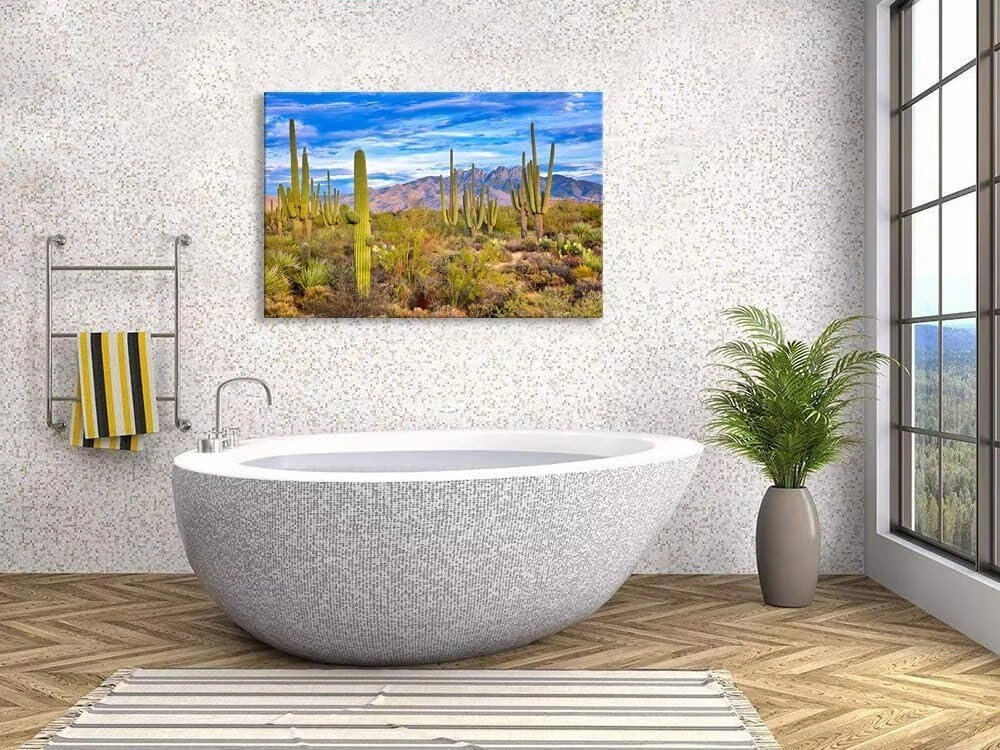 Saguaro and Four Peaks Canvas Wall Art Picture - Cactus Wall Art for Living Room Bedroom Bathroom Home Decorations Framed Artwork Ready to Hang(12''H x 18''W)