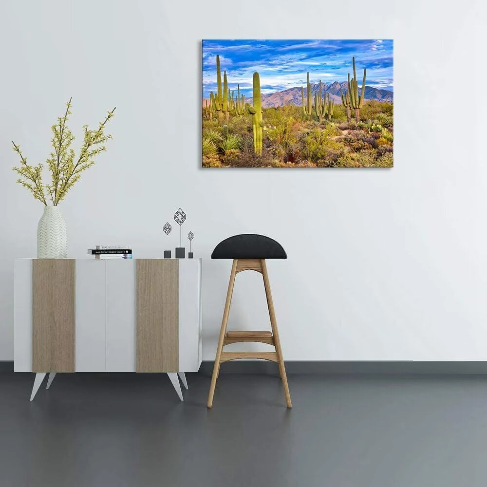 Saguaro and Four Peaks Canvas Wall Art Picture - Cactus Wall Art for Living Room Bedroom Bathroom Home Decorations Framed Artwork Ready to Hang(12''H x 18''W)