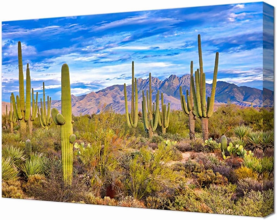 Saguaro and Four Peaks Canvas Wall Art Picture - Cactus Wall Art for Living Room Bedroom Bathroom Home Decorations Framed Artwork Ready to Hang(12''H x 18''W)