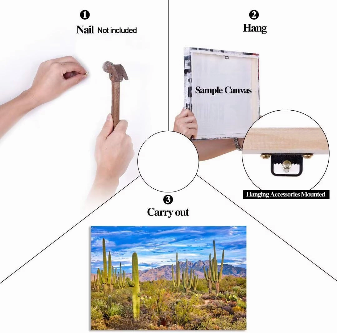 Saguaro and Four Peaks Canvas Wall Art Picture - Cactus Wall Art for Living Room Bedroom Bathroom Home Decorations Framed Artwork Ready to Hang(12''H x 18''W)