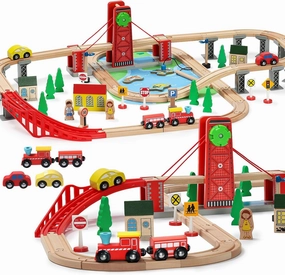 SainSmart Jr. Wooden Train Set for Toddler, Double-Side Wood Train Track with 4 Trains Fits Brio, Thomas, Melissa and Doug, Toy Railway Kit for Kids Ages 3 