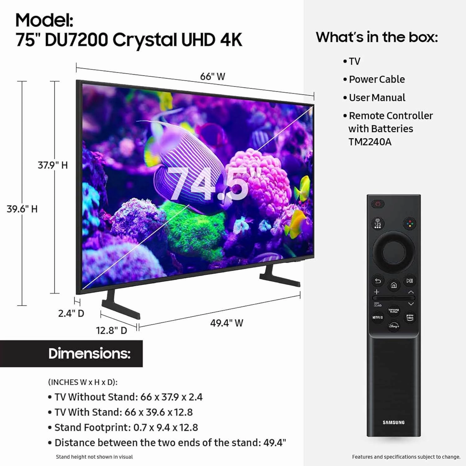 SAMSUNG 75-Inch Class Crystal UHD 4K DU7200 Series HDR Smart TV w/Object Tracking Sound Lite, PurColor, Motion Xcelerator, Mega Contrast, Q-Symphony (UN75DU7200, 2024 Model)