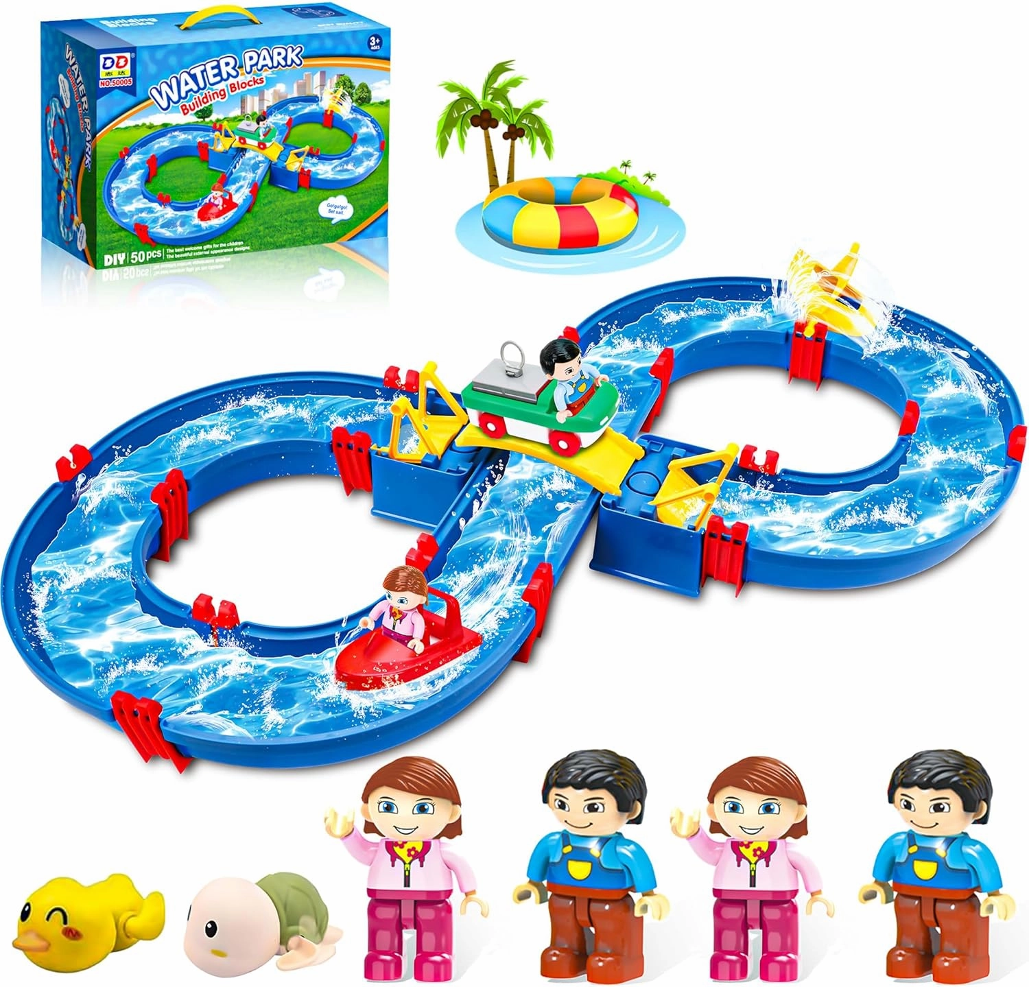 SANCO Water Table for Toddlers - Kids Water Track Playset 50PCS DIY Table Beach Toy on Backyard, Lawn, Pool - Water Toy with 2 Boats, Summer Outside Activity Funs for Toddler Boys Girls