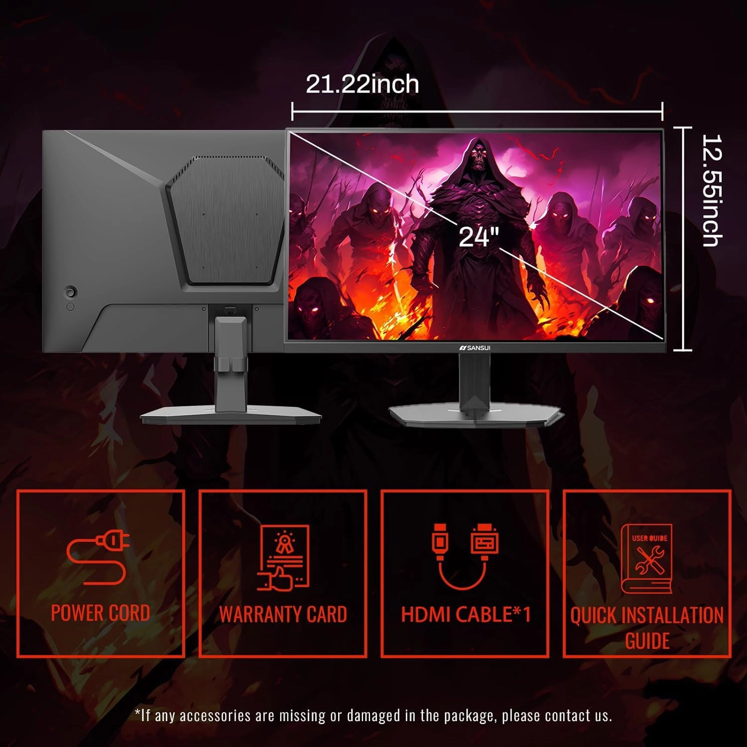 SANSUI 24 Inch Gaming Monitor 180Hz 1Ms FreeSync HDR 110% sRGB FHD 1080P Computer Monitor HDMI DP Ports Eye Care Frameless VESA Mount Cable Management(ES-G24F4L HDMI Cable Included)