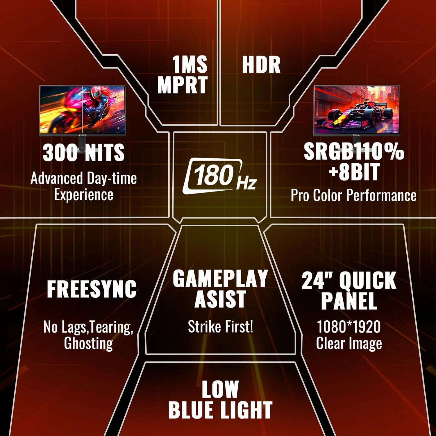 SANSUI 24 Inch Gaming Monitor 180Hz 1Ms FreeSync HDR 110% sRGB FHD 1080P Computer Monitor HDMI DP Ports Eye Care Frameless VESA Mount Cable Management(ES-G24F4L HDMI Cable Included)