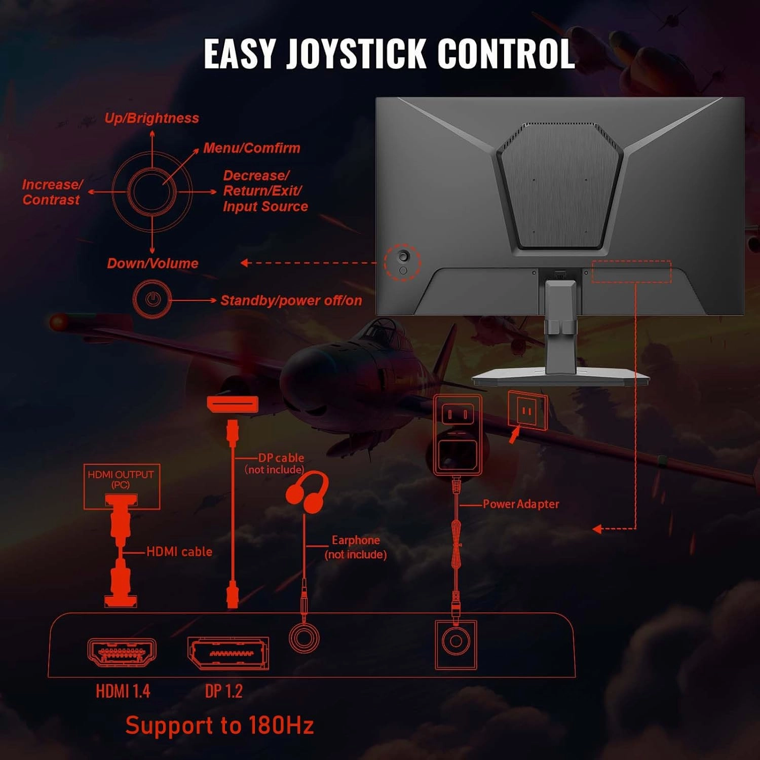 SANSUI 24 Inch Gaming Monitor 180Hz 1Ms FreeSync HDR 110% sRGB FHD 1080P Computer Monitor HDMI DP Ports Eye Care Frameless VESA Mount Cable Management(ES-G24F4L HDMI Cable Included)