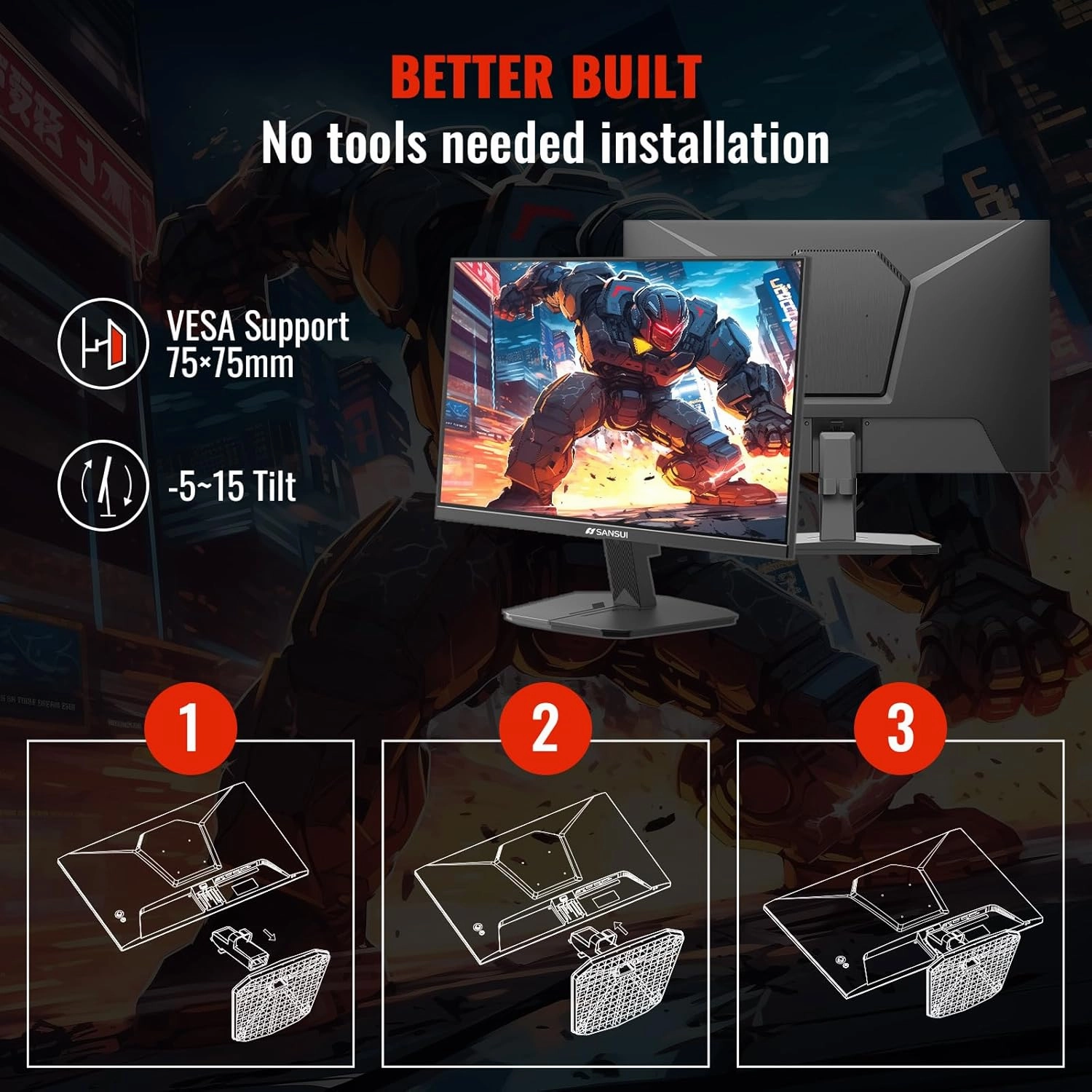 SANSUI 24 Inch Gaming Monitor 180Hz 1Ms FreeSync HDR 110% sRGB FHD 1080P Computer Monitor HDMI DP Ports Eye Care Frameless VESA Mount Cable Management(ES-G24F4L HDMI Cable Included)