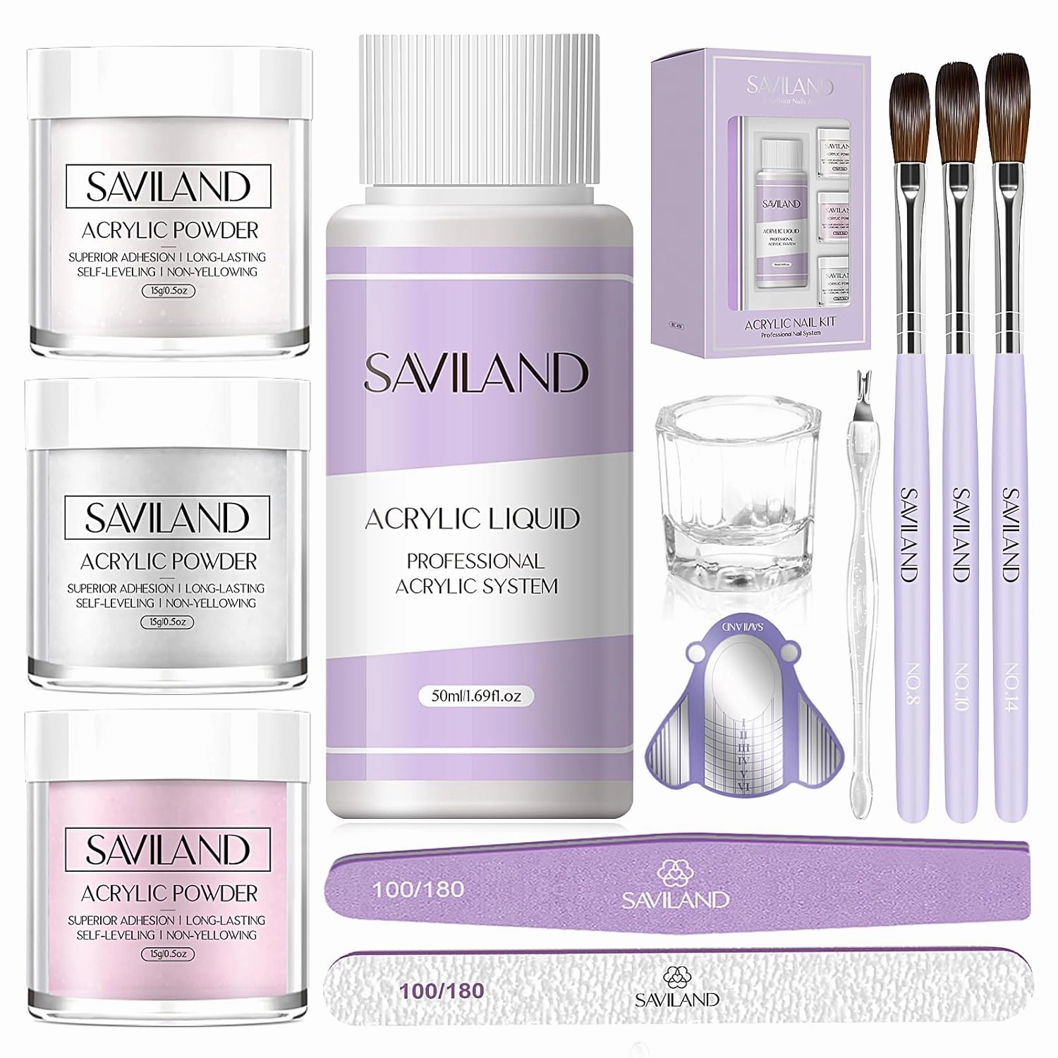 SAVILAND Essentials Acrylic Nail Kit Starter: Acrylic Nail Kit for Beginners with Everything White Pink Clear Acrylic Powder and Liquid Set #8/10/14 Nail Brush Forms Manicure Tools Home Nail Salon DIY
