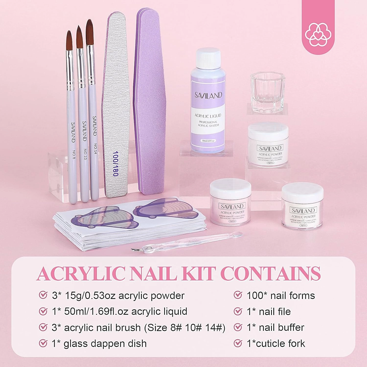 SAVILAND Essentials Acrylic Nail Kit Starter: Acrylic Nail Kit for Beginners with Everything White Pink Clear Acrylic Powder and Liquid Set #8/10/14 Nail Brush Forms Manicure Tools Home Nail Salon DIY