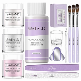 SAVILAND Essentials Acrylic Nail Kit Starter: Acrylic Nail Kit for Beginners with Everything White Pink Clear Acrylic Powder and Liquid Set #8/10/14 Nail Brush Forms Manicure Tools Home Nail Salon DIY