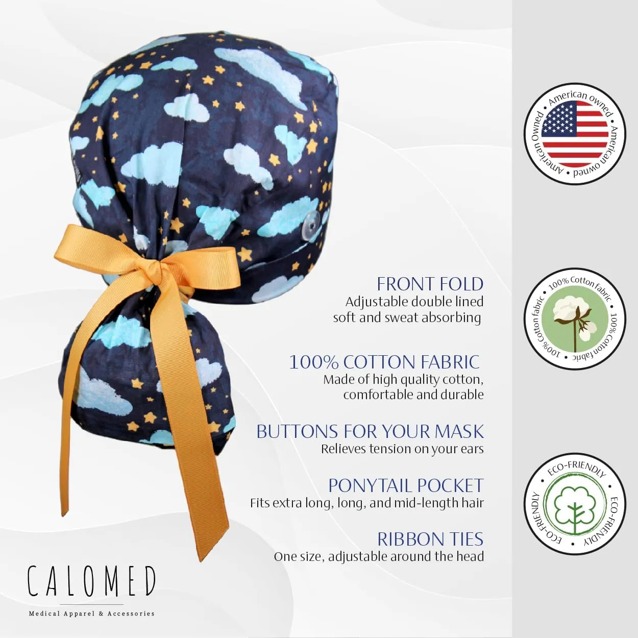 Scrub Cap for Women and Men, Ponytail Scrub Caps, Working Hat, Head Cover with Ribbon Ties and Buttons, Long Hair
