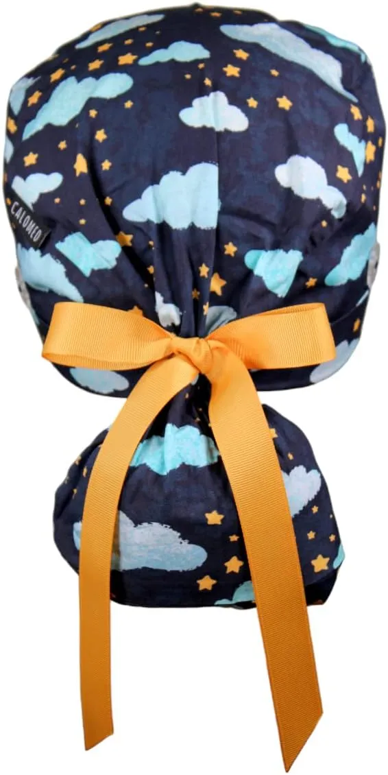 Scrub Cap for Women and Men, Ponytail Scrub Caps, Working Hat, Head Cover with Ribbon Ties and Buttons, Long Hair