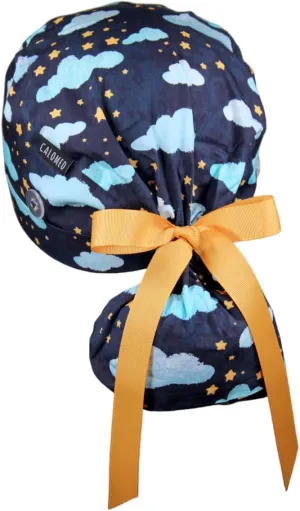 Scrub Cap for Women and Men, Ponytail Scrub Caps, Working Hat, Head Cover with Ribbon Ties and Buttons, Long Hair