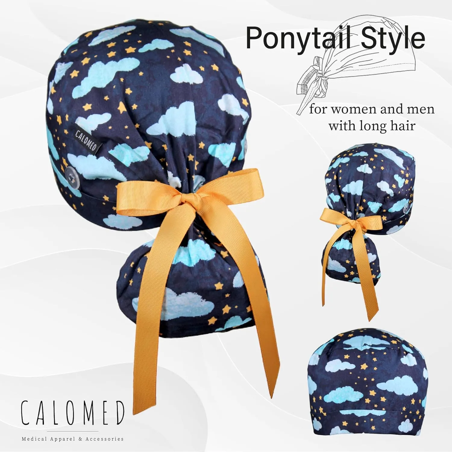 Scrub Cap for Women and Men, Ponytail Scrub Caps, Working Hat, Head Cover with Ribbon Ties and Buttons, Long Hair