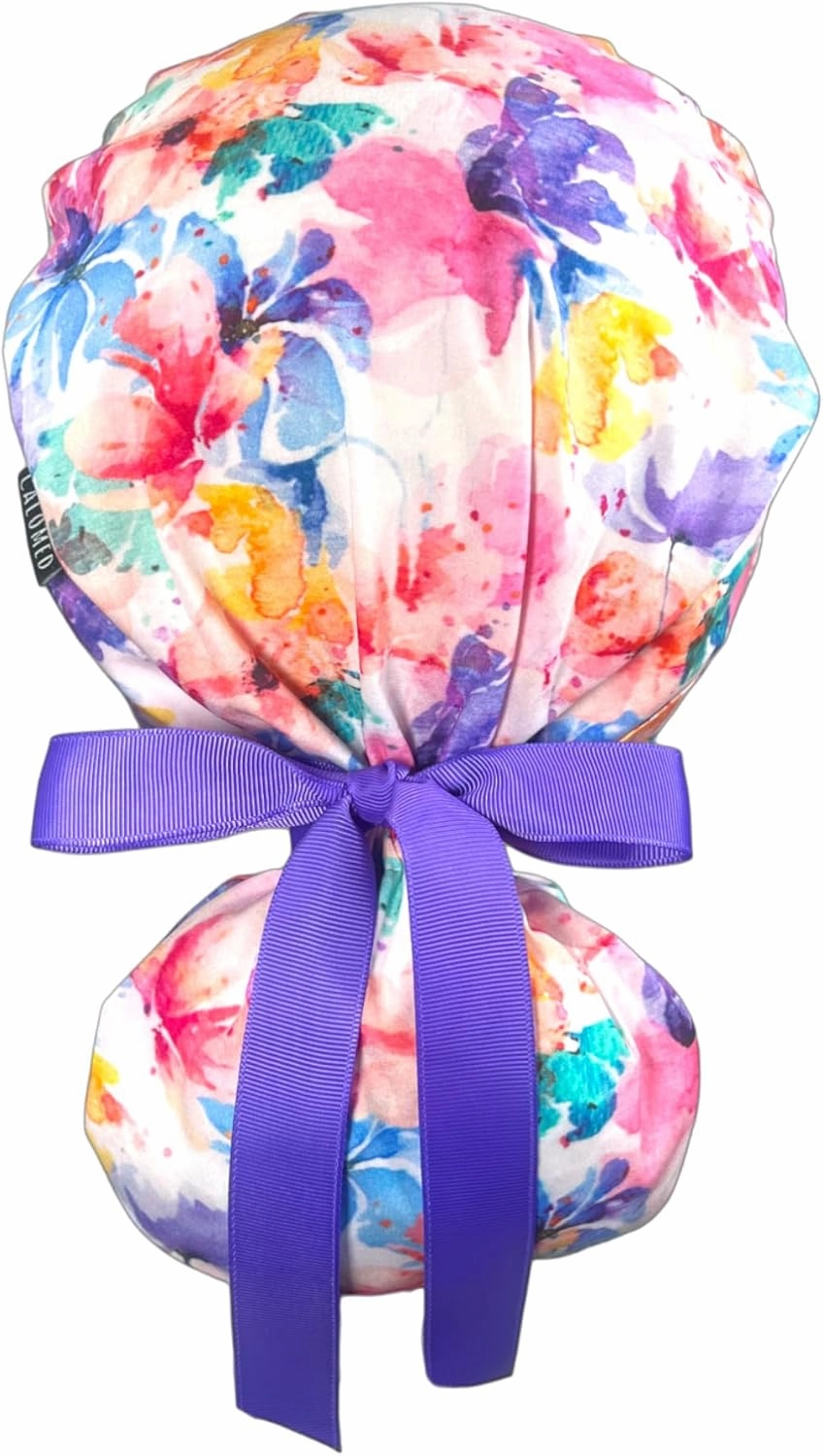 Scrub Cap for Women and Men, Ponytail Scrub Caps, Working Hat, Head Cover with Ribbon Ties and Buttons, Long Hair