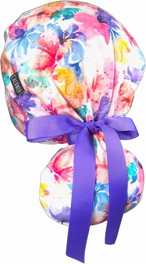 Scrub Cap for Women and Men, Ponytail Scrub Caps, Working Hat, Head Cover with Ribbon Ties and Buttons, Long Hair