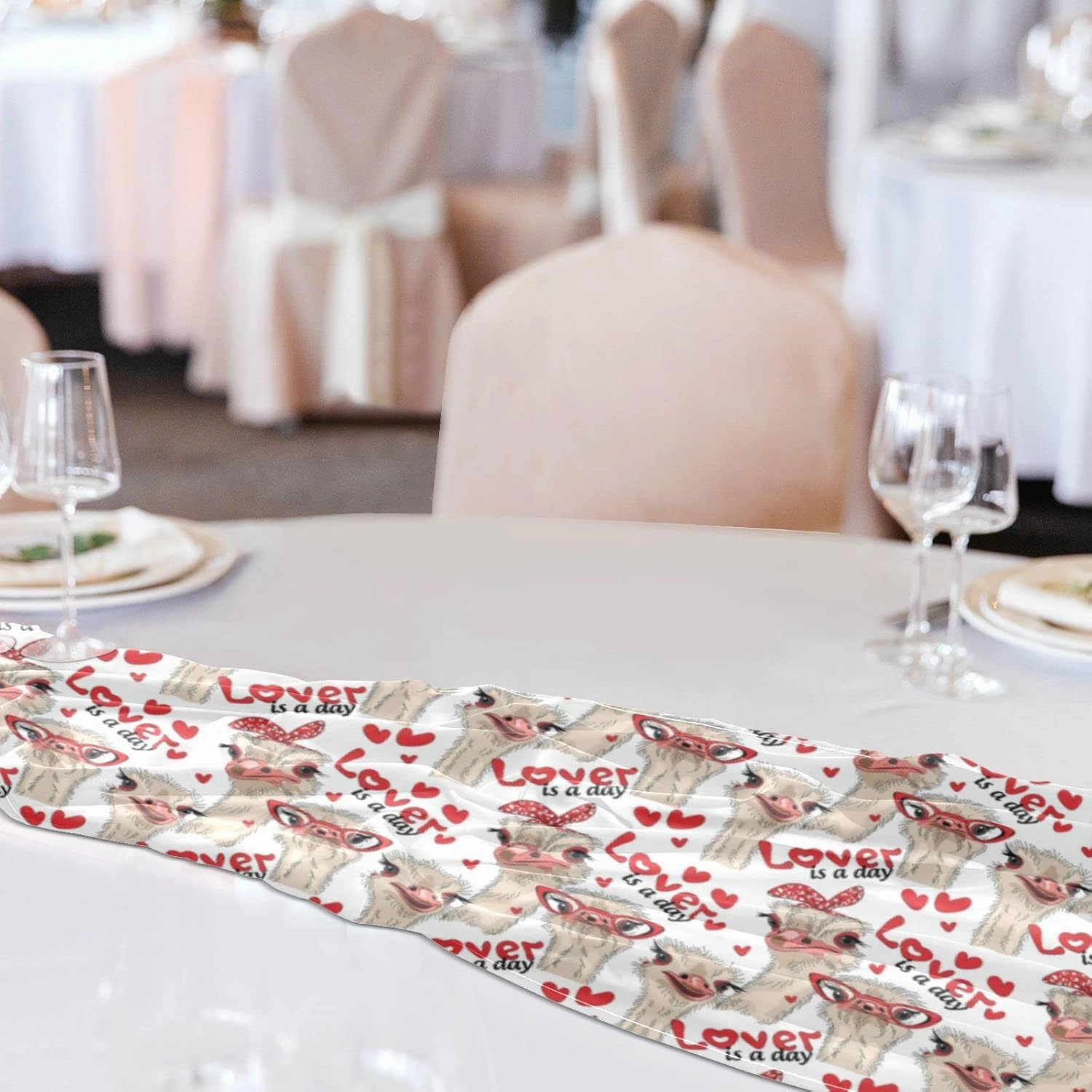 Seamless Ostriches with Red Glasses Hairpins Lover is a Day 13" X 70" Rectangle Table Runner Long Tablecloth Placemat for Party Home Decor Indoor Outdoor Office Kitchen Dining Wedding