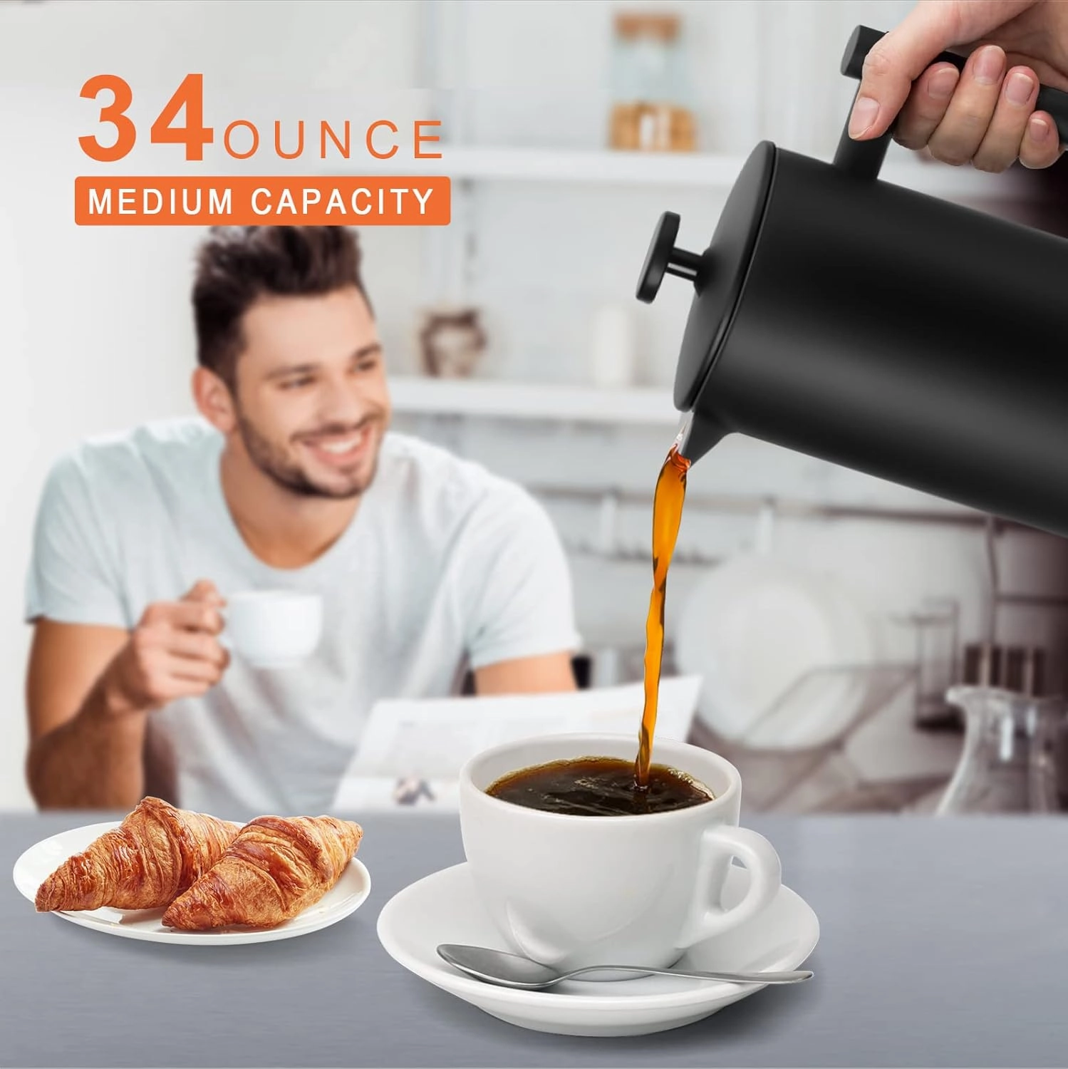 Secura French Press Coffee Maker with 3-Layer Stainless Steel Filter, 34 oz Black, Double-Walled Insulated Design with 2 Extra Filters