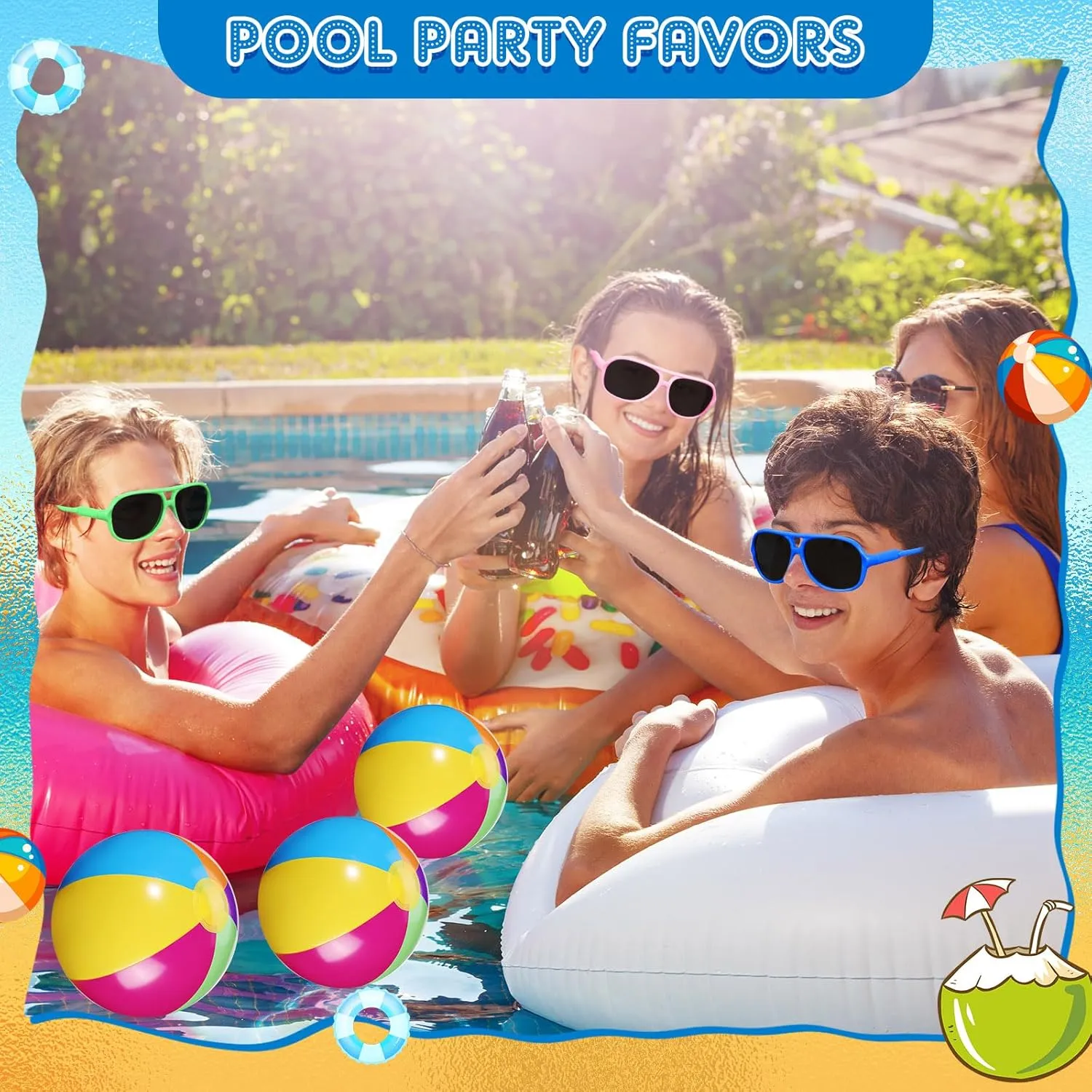 Seematn 54 Pcs Pool Beach Party Favors Bulk 6 Inch Inflatable Beach Ball Kids Sunglasses Mini Water Gun for Outdoor Beach Summer Swimming Pool Party Game (Vivid,Classic)