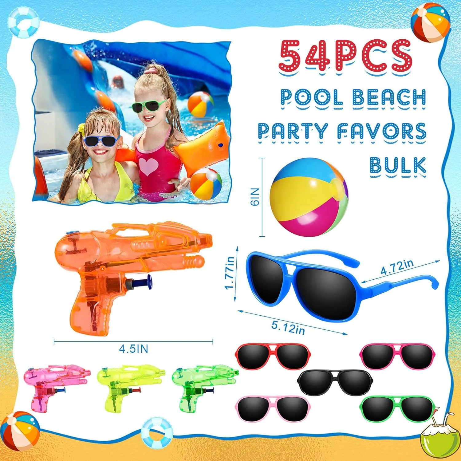 Seematn 54 Pcs Pool Beach Party Favors Bulk 6 Inch Inflatable Beach Ball Kids Sunglasses Mini Water Gun for Outdoor Beach Summer Swimming Pool Party Game (Vivid,Classic)