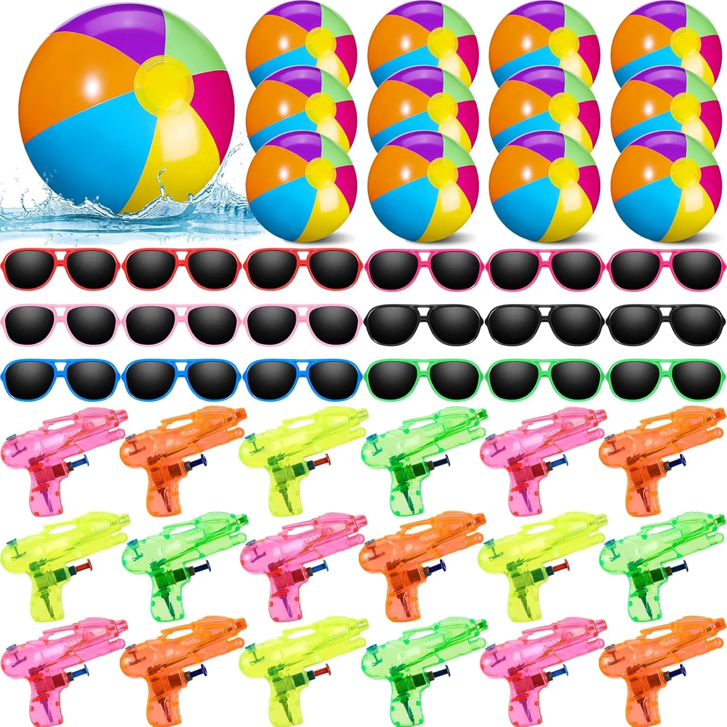 Seematn 54 Pcs Pool Beach Party Favors Bulk 6 Inch Inflatable Beach Ball Kids Sunglasses Mini Water Gun for Outdoor Beach Summer Swimming Pool Party Game (Vivid,Classic)