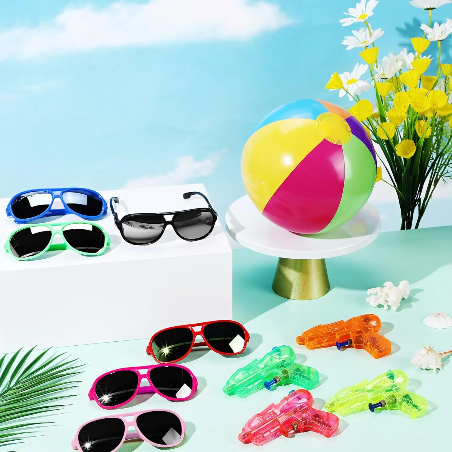 Seematn 54 Pcs Pool Beach Party Favors Bulk 6 Inch Inflatable Beach Ball Kids Sunglasses Mini Water Gun for Outdoor Beach Summer Swimming Pool Party Game (Vivid,Classic)