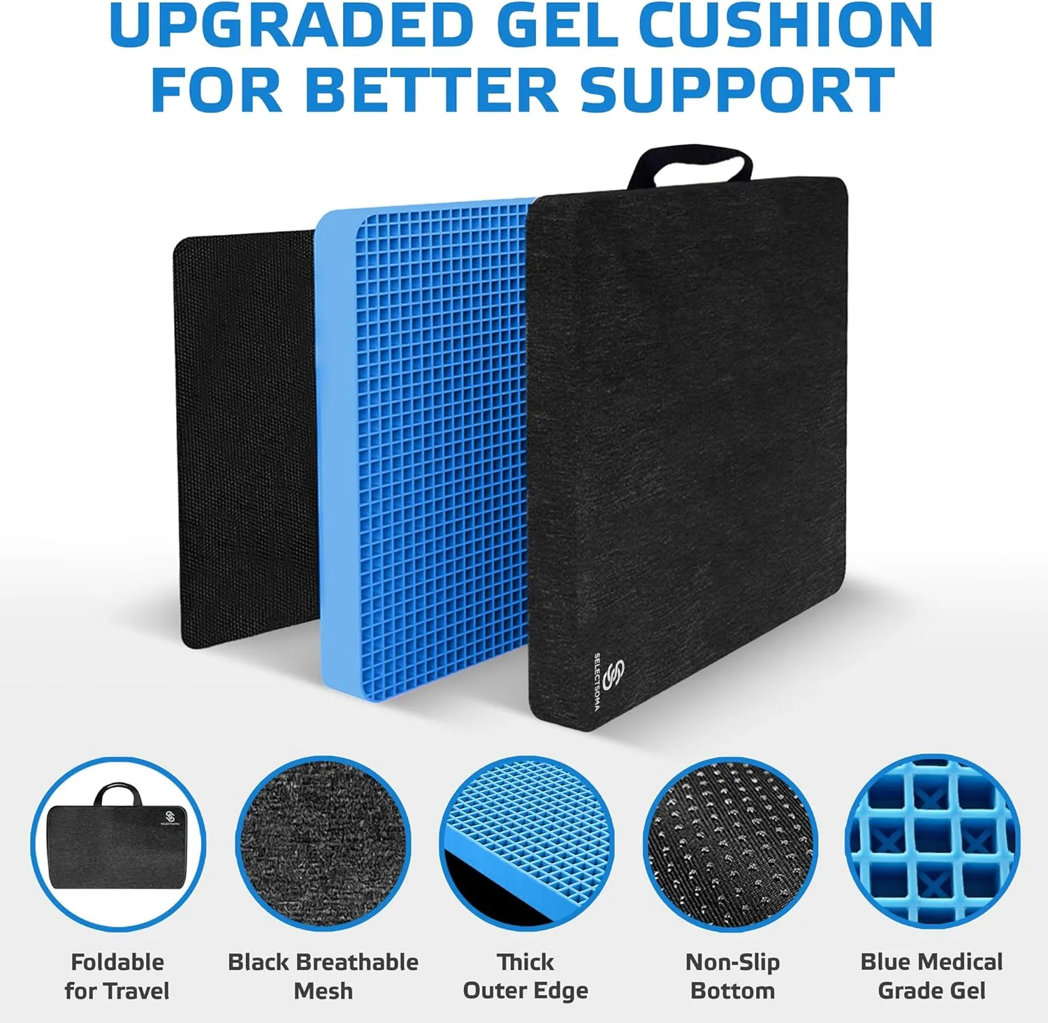 SelectSoma Travel Gel Seat Cushion for Long Sitting - Travel Pad for Car, Truck, Office Chair, Wheelchair - Cooling Gel Cushion for Sciatica, Tailbone, Back Pain, and Pressure Relief