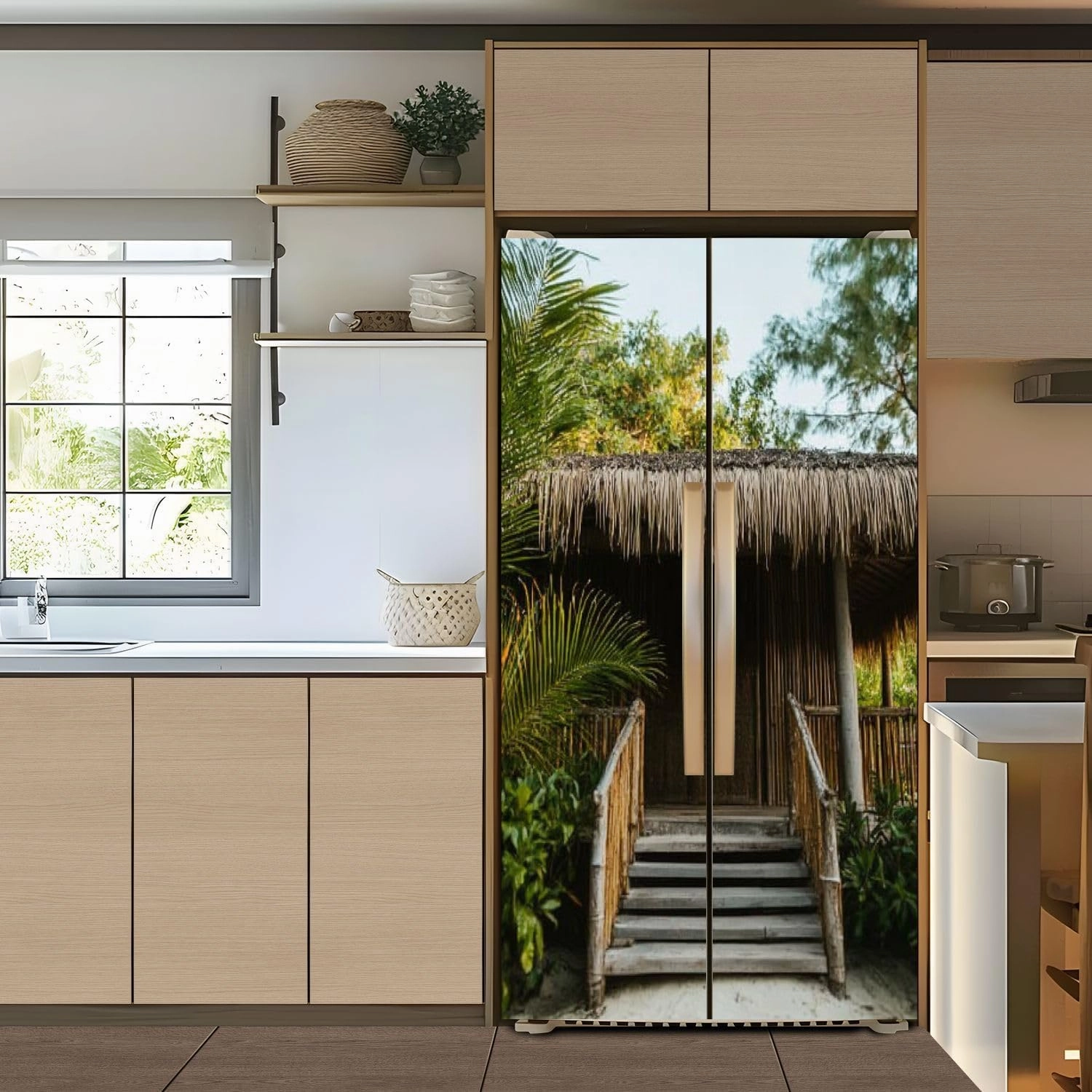 Self Adhesive Vinyl Refrigerator Wrap Set Eco Tourism Southeast Asia Door Mural Removable Fridge Sticker Peel and Stick Decal Rustic Kitchen Decor