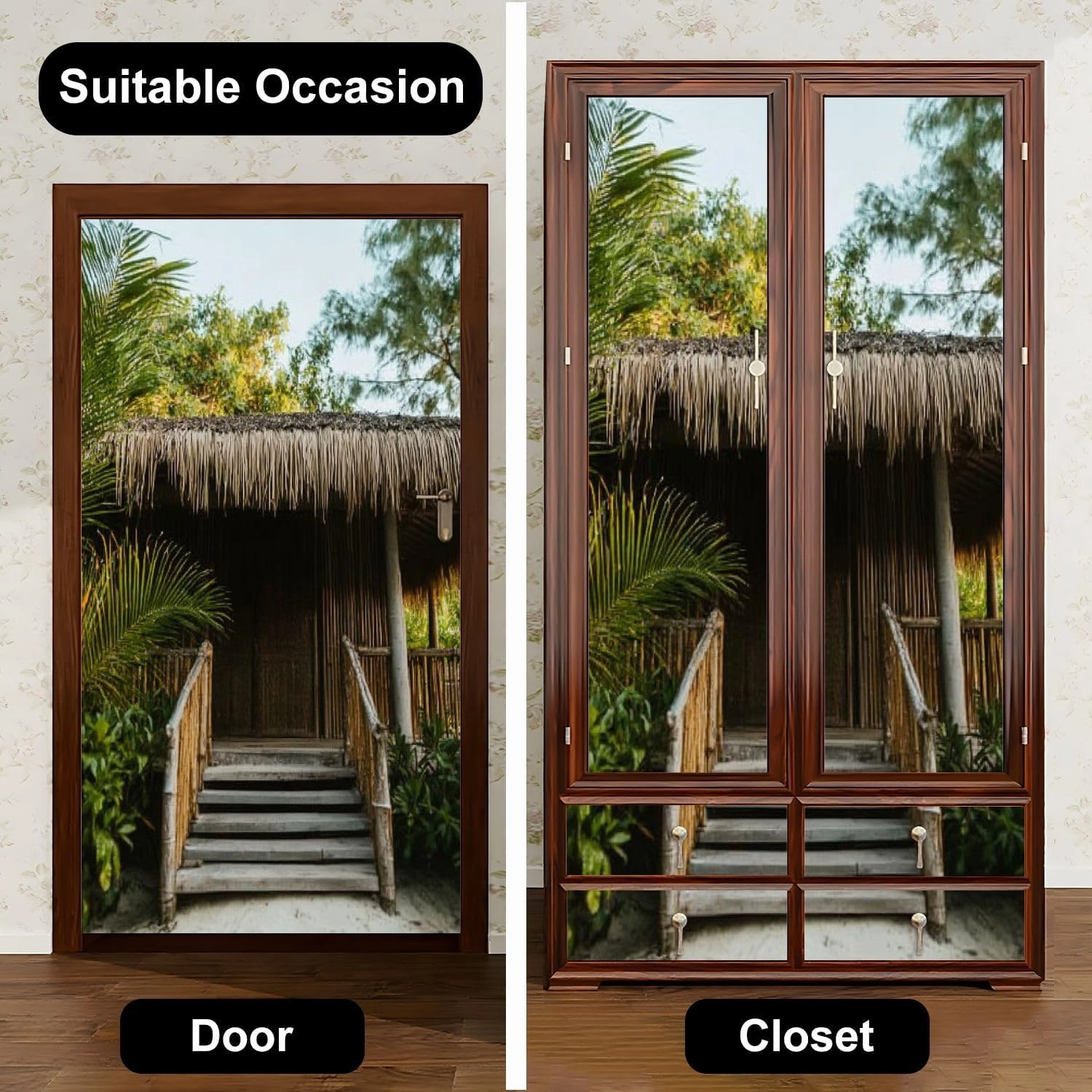 Self Adhesive Vinyl Refrigerator Wrap Set Eco Tourism Southeast Asia Door Mural Removable Fridge Sticker Peel and Stick Decal Rustic Kitchen Decor