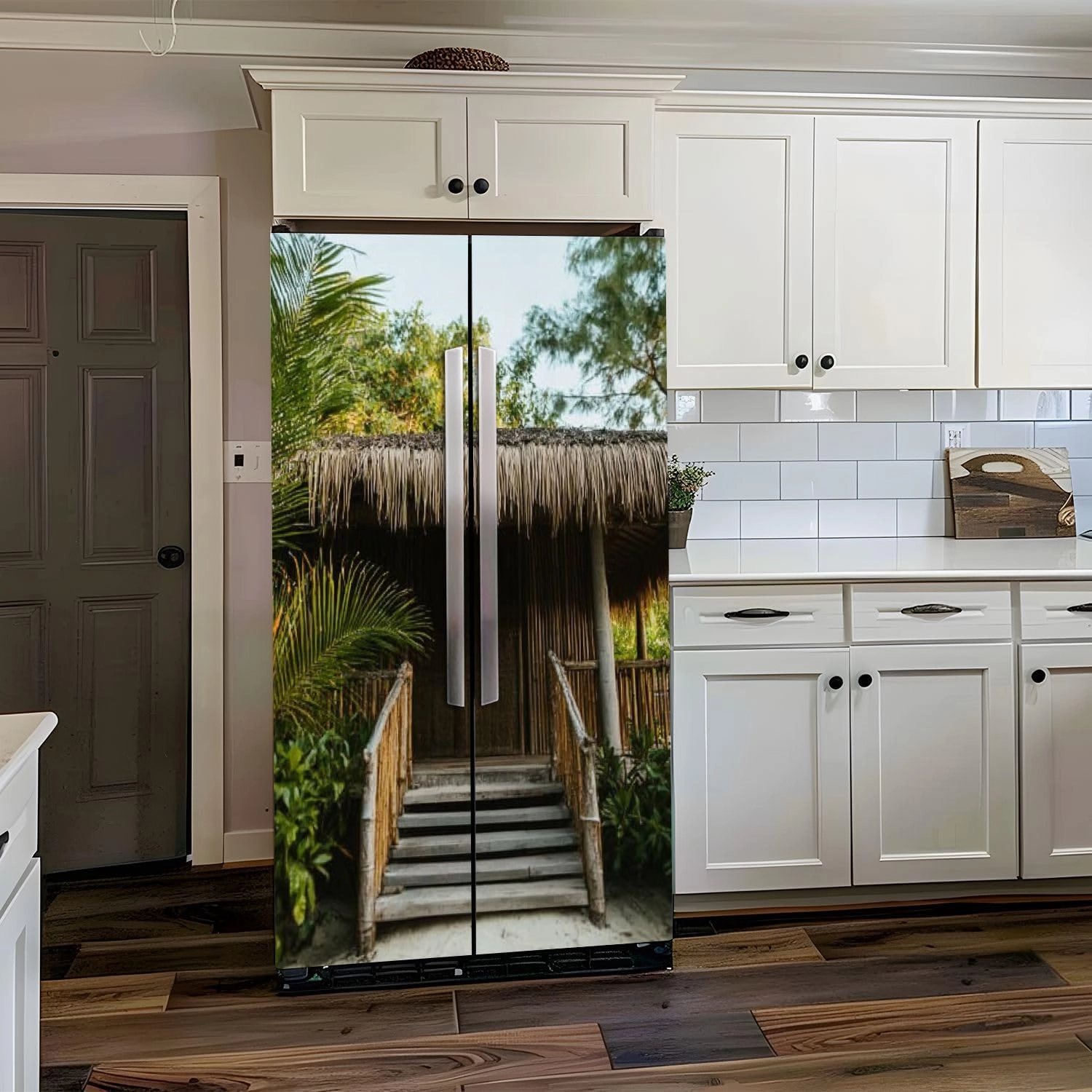 Self Adhesive Vinyl Refrigerator Wrap Set Eco Tourism Southeast Asia Door Mural Removable Fridge Sticker Peel and Stick Decal Rustic Kitchen Decor