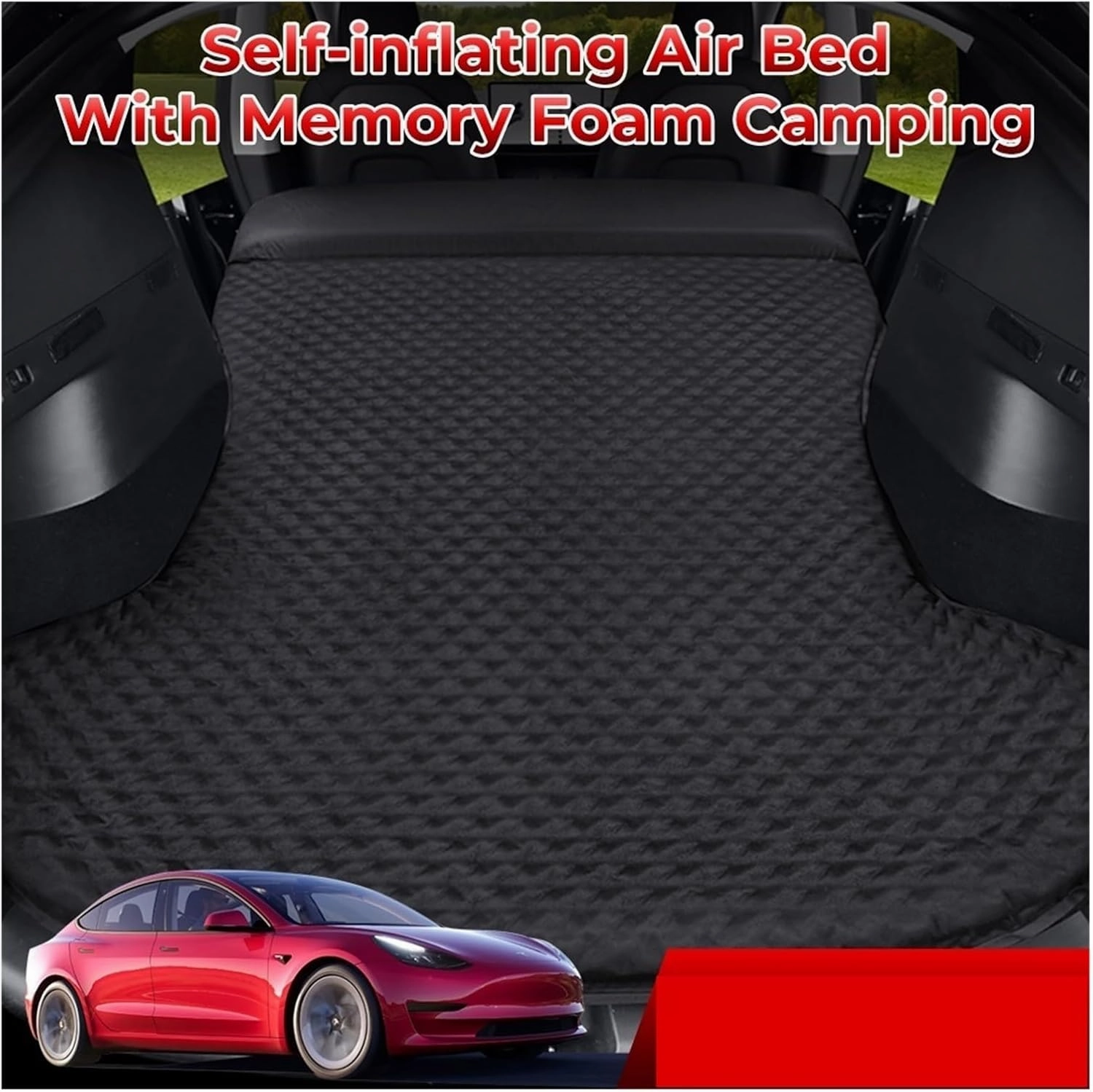 Self-Inflating Air Bed，Compatible for Tesla Model 3 Y 2017-2023 with Memory Foam Storage Bag Suede Camping Portable Car Camping Mattress(My Polka Dots Black)