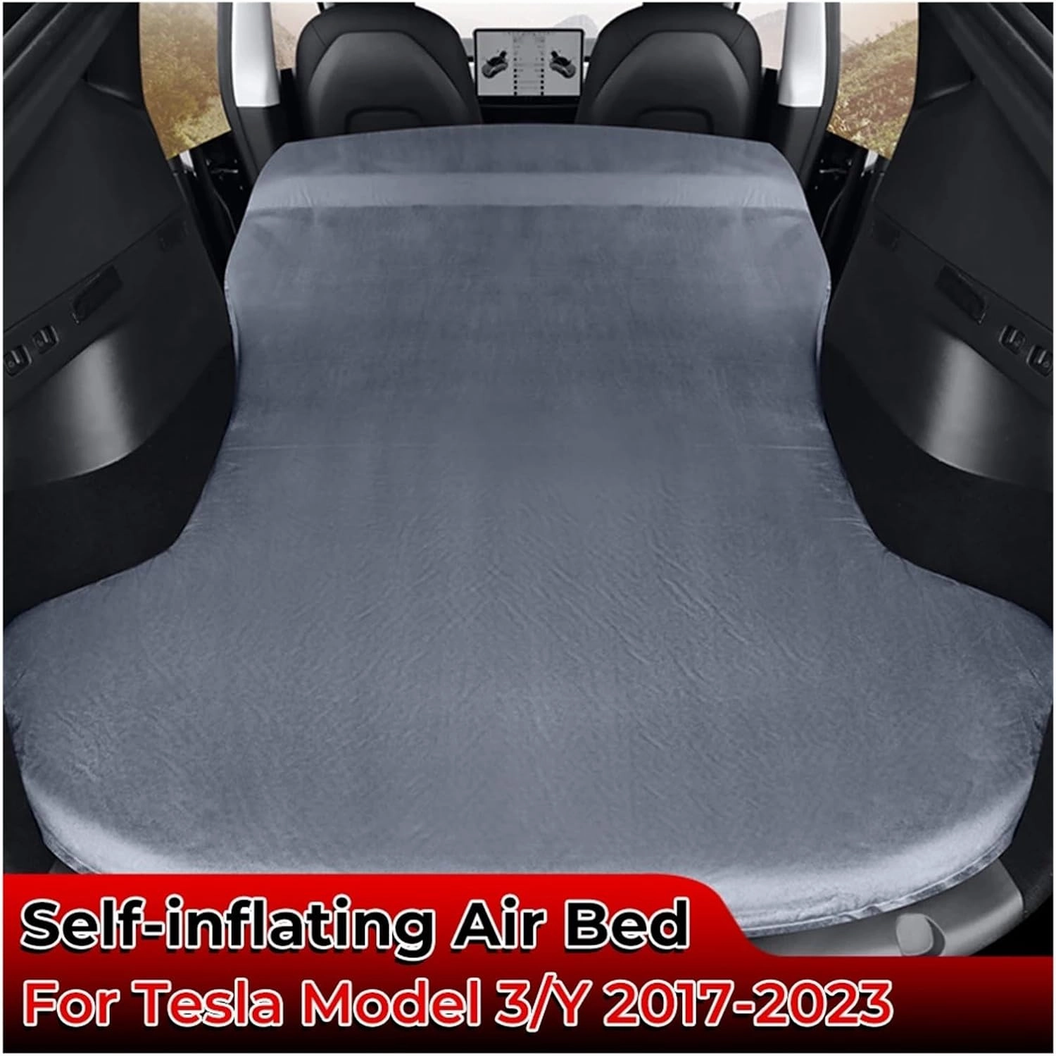 Self-Inflating Air Bed，Compatible for Tesla Model 3 Y 2017-2023 with Memory Foam Storage Bag Suede Camping Portable Car Camping Mattress(My Polka Dots Black)