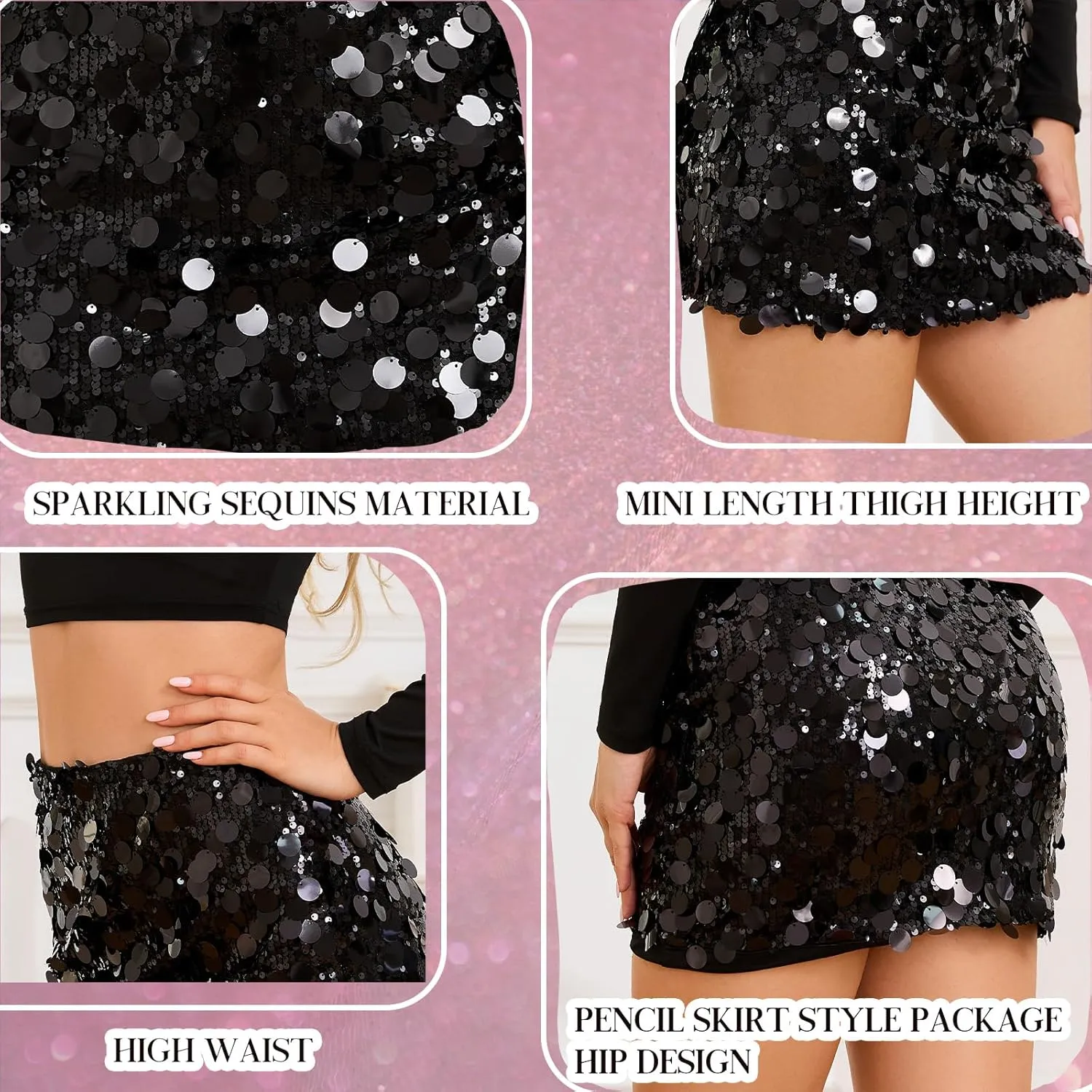 Sequin Skirt for Women Stretchy Bodycon Mini Skirts Sexy Sparkly Skirt Glitter Shiny Skirt Night Out Party