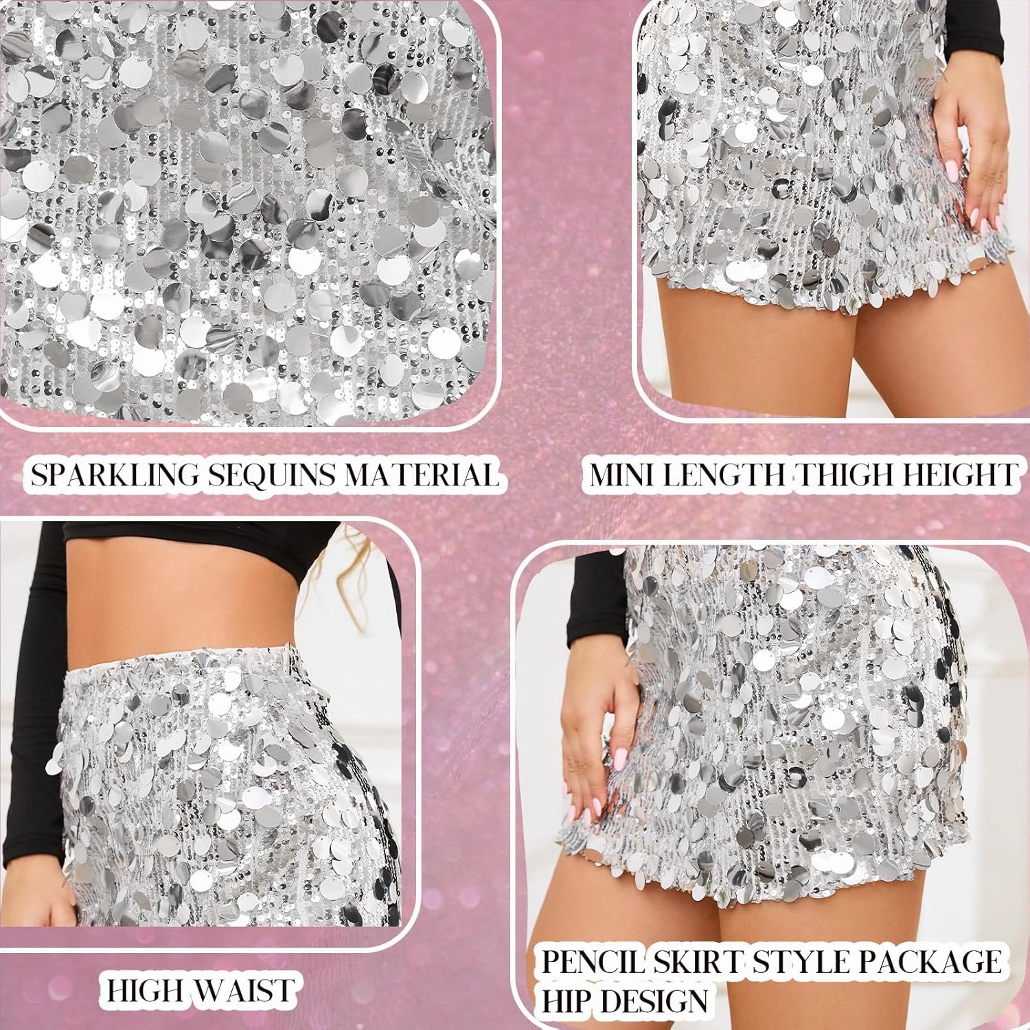 Sequin Skirt for Women Stretchy Bodycon Mini Skirts Sexy Sparkly Skirt Glitter Shiny Skirt Night Out Party