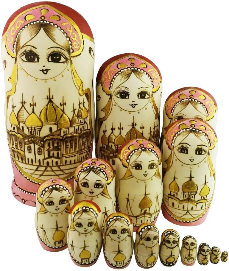 Set of 15 Wooden Girl Castle The Kremlin Traditional Russian Nesting Dolls Matryoshka Stacking Dolls Fun Toys for Kids Christmas Birthday Present Gift