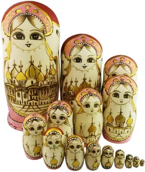 Set of 15 Wooden Girl Castle The Kremlin Traditional Russian Nesting Dolls Matryoshka Stacking Dolls Fun Toys for Kids Christmas Birthday Present Gift