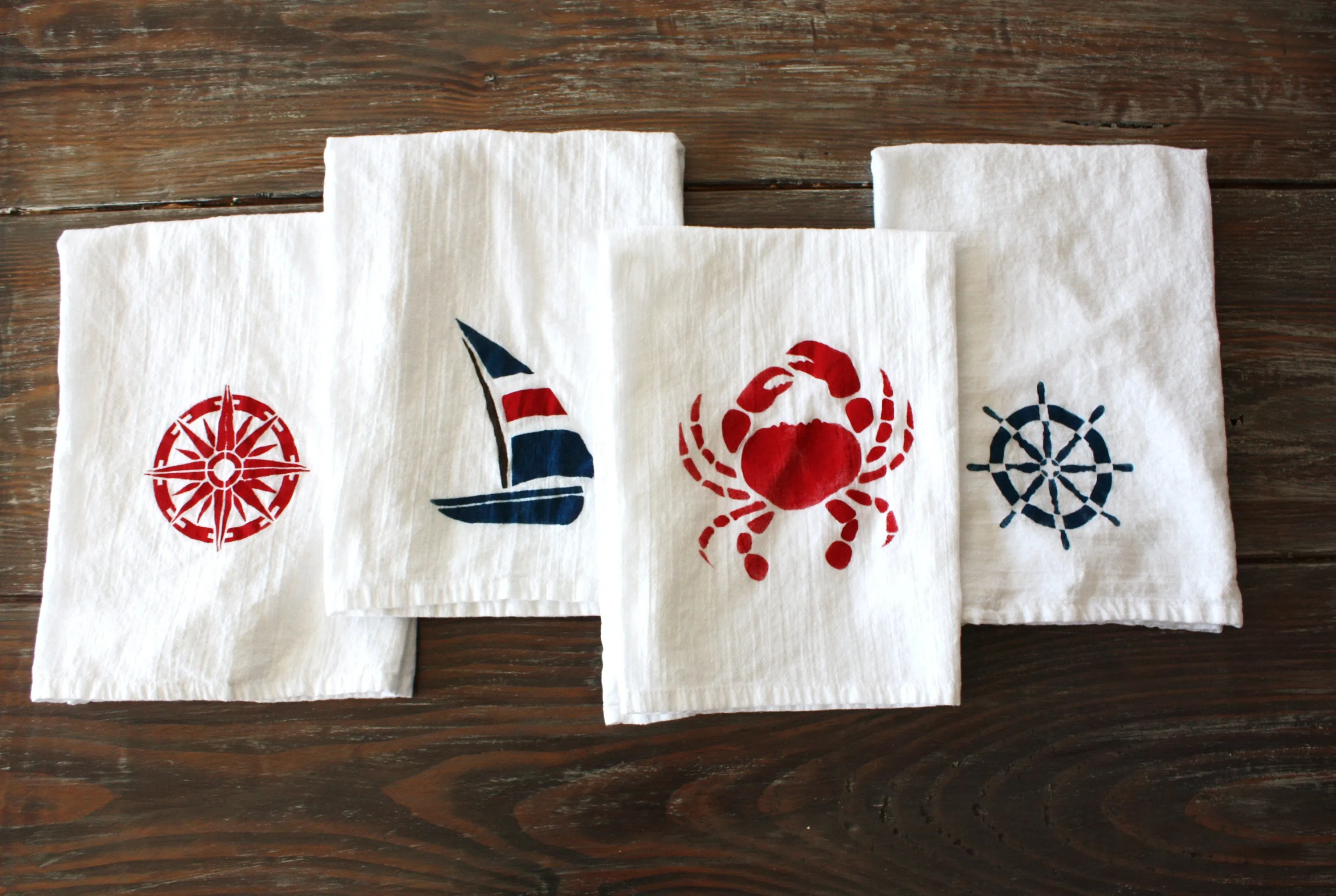 Set of 4 Nautical themed flour sack kitchen towels | gift idea | dish towels | beachy home accessories | tea towels | kitchen decor