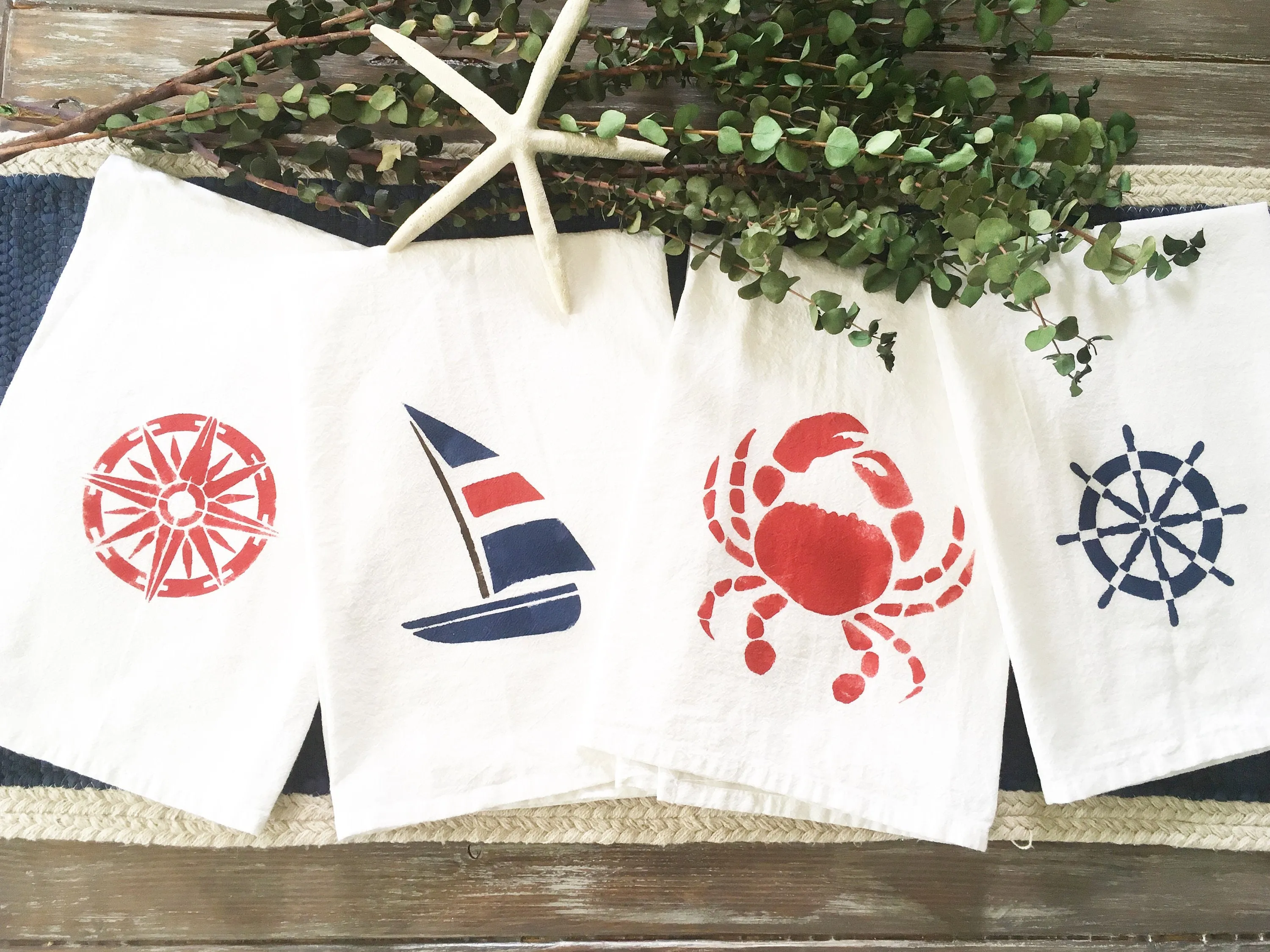 Set of 4 Nautical themed flour sack kitchen towels | gift idea | dish towels | beachy home accessories | tea towels | kitchen decor