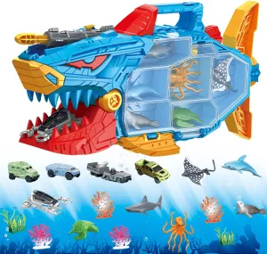 Shark Ocean Animal Toys Set with 18 Piece Sea Creatures & Transport Vehicles, Double-Side Storage   Portable Handle, Educational Bath Toys for Kids Ages 3-12 Years Old
