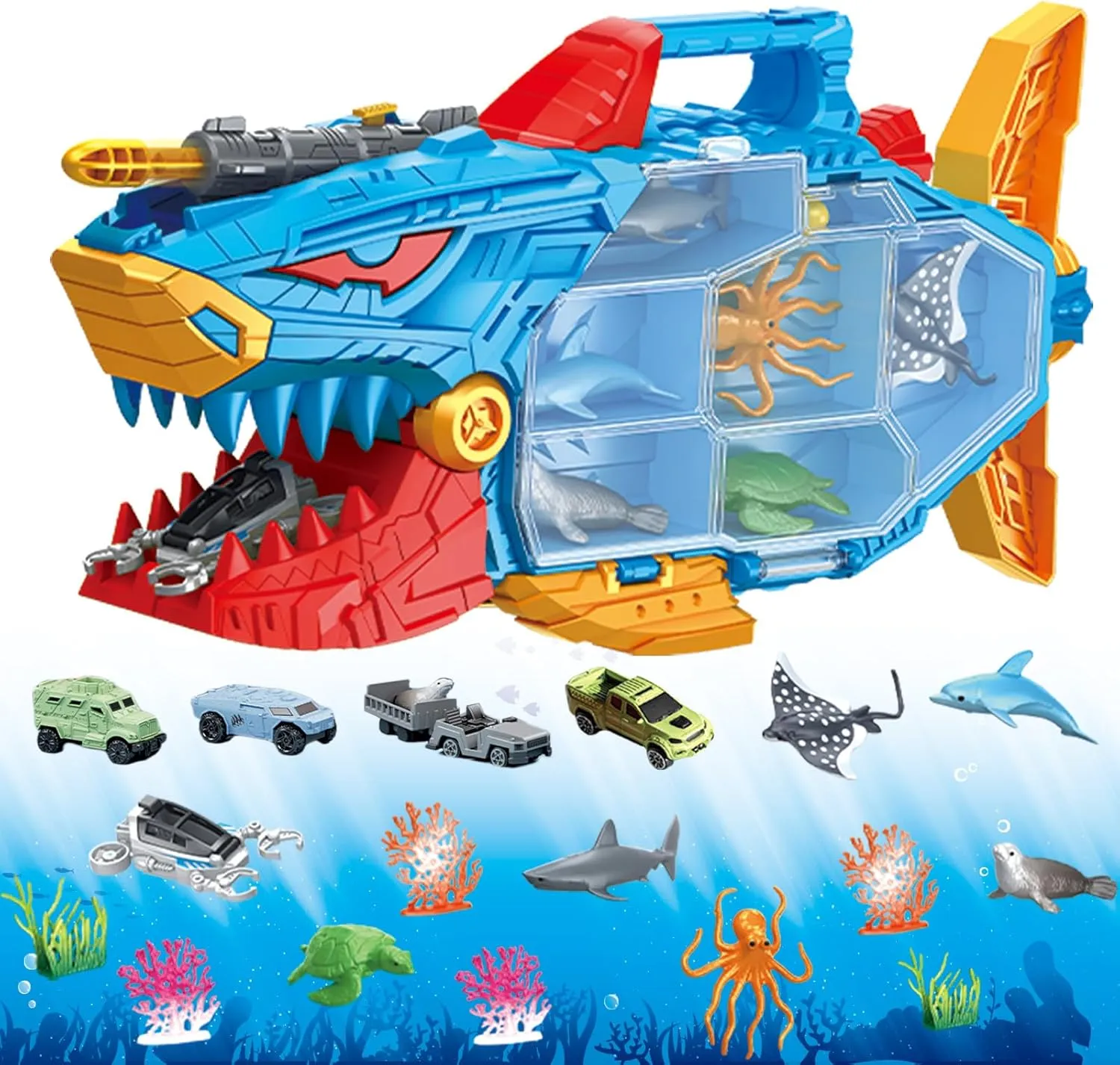 Shark Ocean Animal Toys Set with 18 Piece Sea Creatures & Transport Vehicles, Double-Side Storage   Portable Handle, Educational Bath Toys for Kids Ages 3-12 Years Old