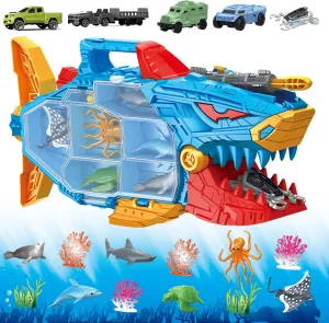 Shark Toy & Deep Sea Creatures Ocean Animal Toys with Truck Cars, 18 Piece Educational Playset for Kids Ages 3  Years Old, Indoor & Outdoor Play, Preschool Learning for Boys Girls