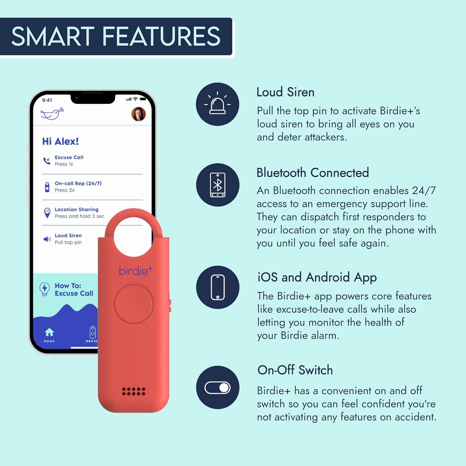 She’s Birdie - Birdie  Smart Personal Safety Alarm for Women by Women–Loud Siren, Key Chain, 24/7 Live Rep, Emergency Alerts, Bluetooth Connection - 3 Month App Subscription Included (Coral)
