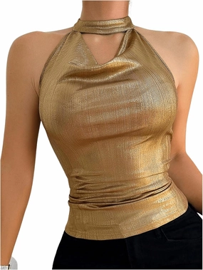 SHENHE Women's Metallic Halter Tops Draped Front Open Back Sexy Sleeveless Ruched Party Top