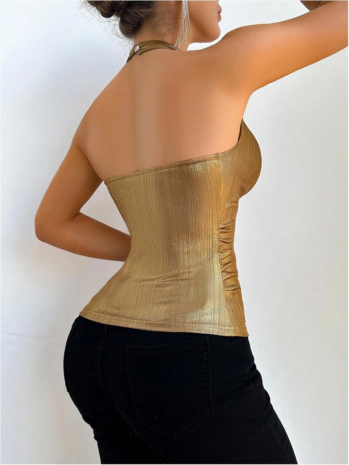 SHENHE Women's Metallic Halter Tops Draped Front Open Back Sexy Sleeveless Ruched Party Top